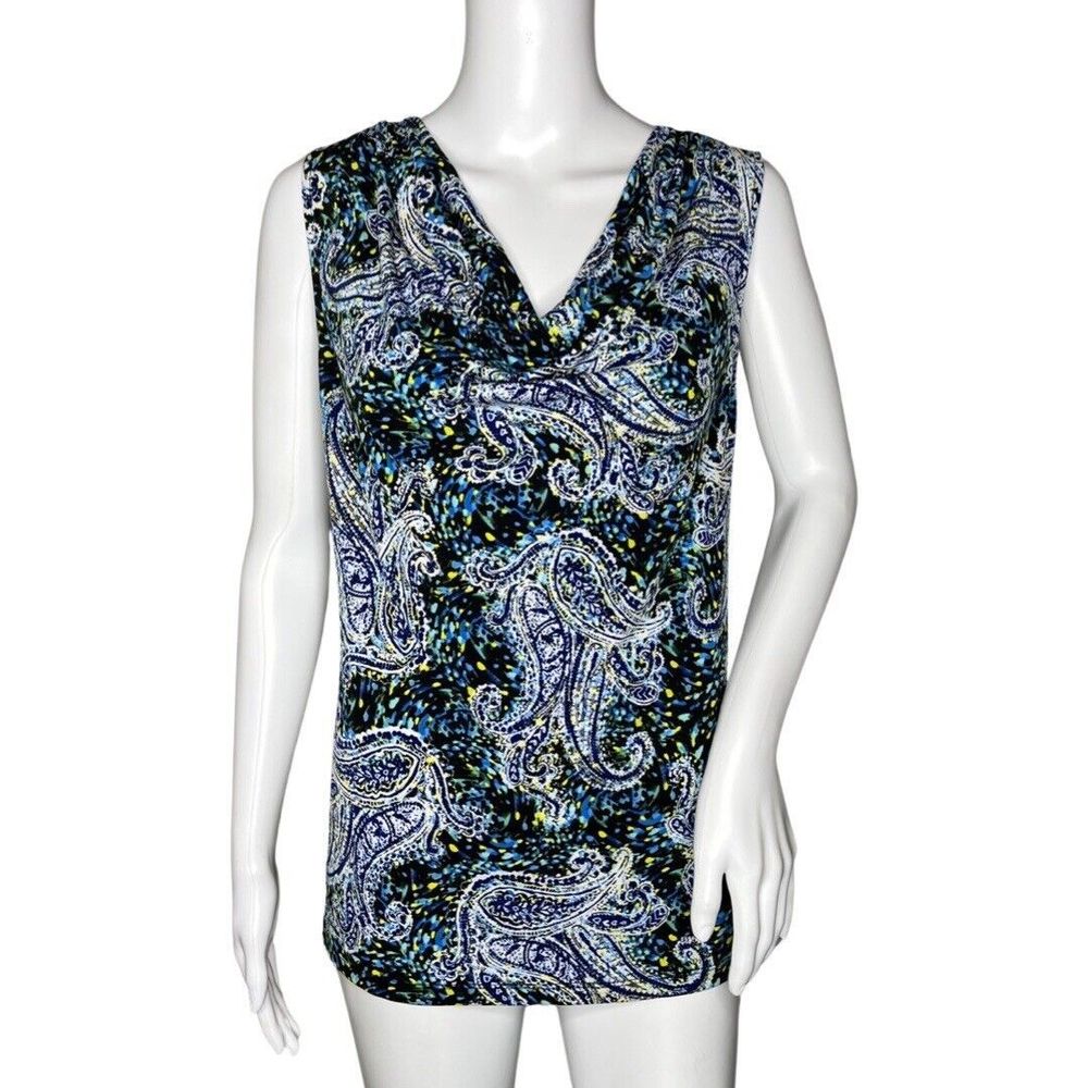 Kasper Shirt Womens Small Black Blue Paisley Cowl Neck Shell Tank Casual Career